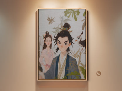 Traditional Chinese couple art print in a frame. It's an anniversary gift idea. Beige blue green eclectic wall decor with people and nature. This couple portrait wall art includes bird and person art. A unique gift idea.