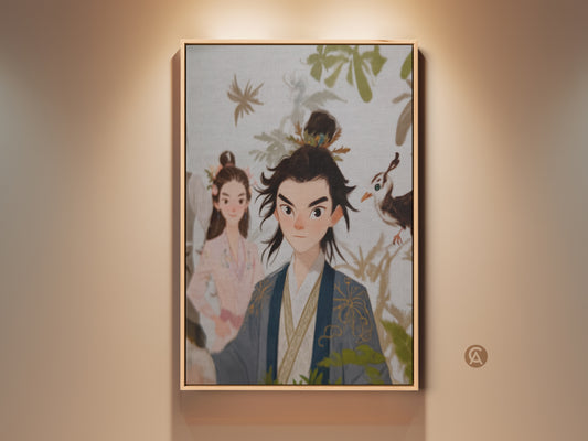 Traditional Chinese couple art print in a frame. It's an anniversary gift idea. Beige blue green eclectic wall decor with people and nature. This couple portrait wall art includes bird and person art. A unique gift idea.
