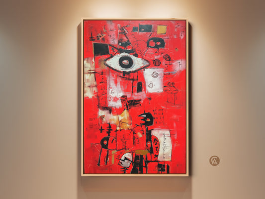 Eye-Catching Abstract Artwork. This modern painting features a vibrant red background. The painting has an eye symbol with abstract shapes. It is framed in a natural wood finish. This artwork adds a bold statement to any space.