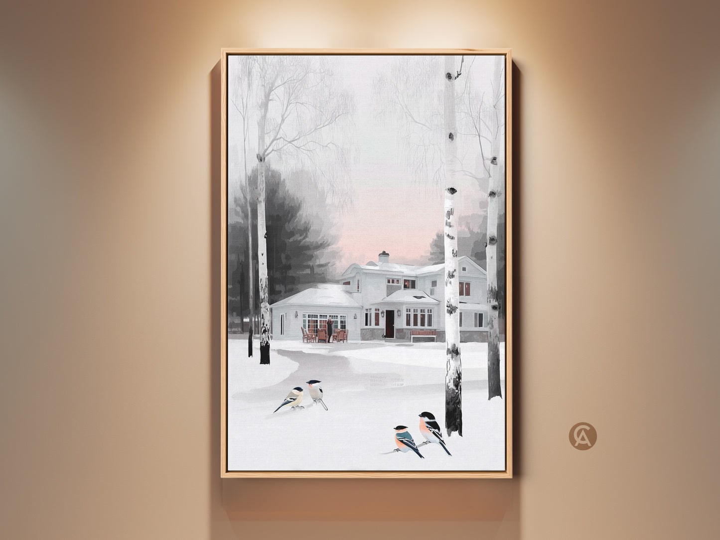 Impressionistic winter artwork print featuring a snowy house. Birds gather near birch trees. This farmhouse style art adds cozy charm to any room. The pink white & gray palette is versatile for home decor. A perfect housewarming gift for her.