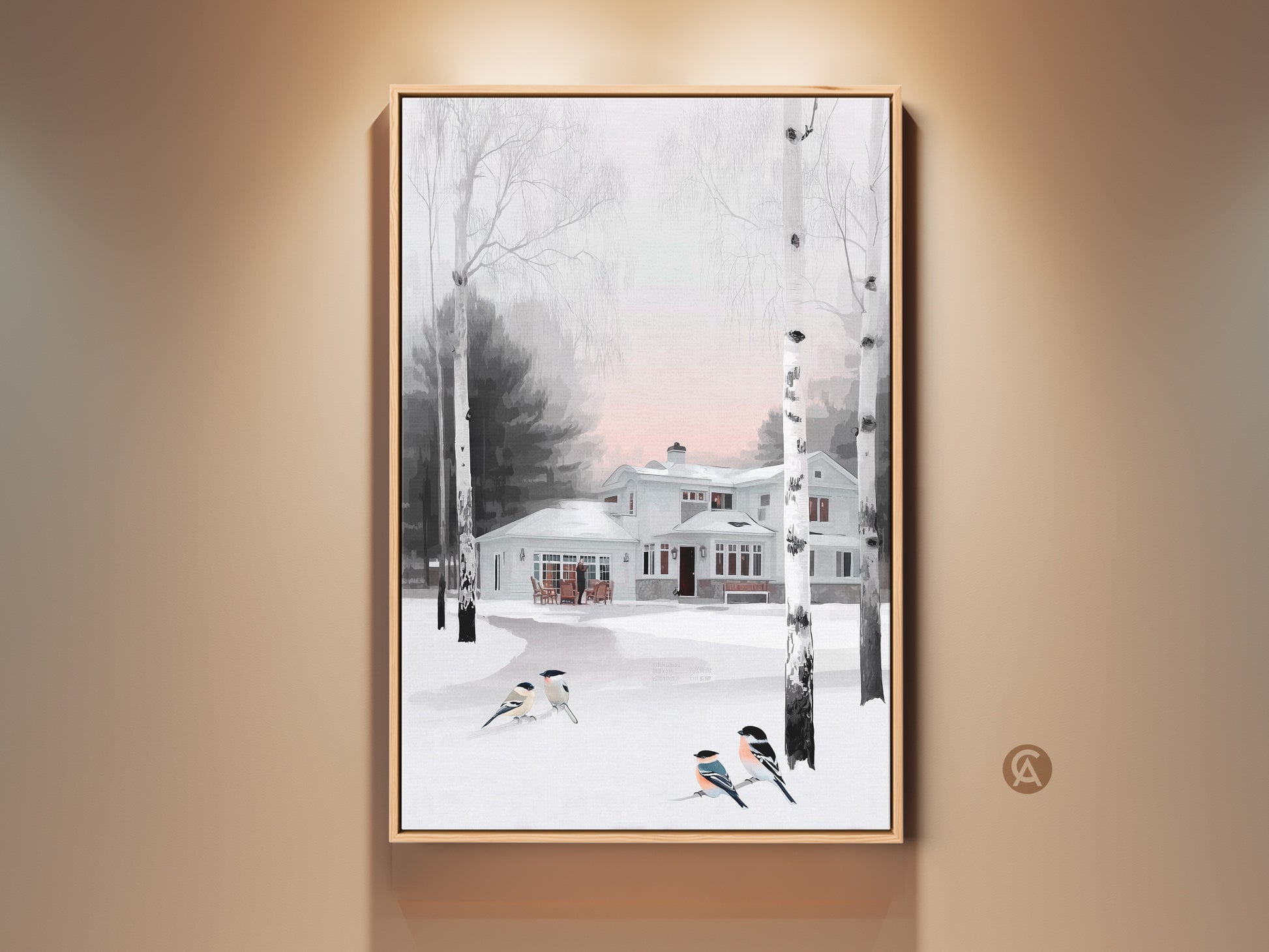 Impressionistic winter artwork print featuring a snowy house. Birds gather near birch trees. This farmhouse style art adds cozy charm to any room. The pink white & gray palette is versatile for home decor. A perfect housewarming gift for her.