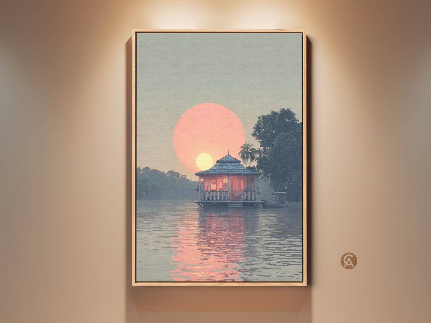 Bungalow Sunset Canvas Art Print. A coastal lake house art featuring a peach and blue tropical landscape. This serene waterfront bungalow painting shows a sunset over water. This travel lover gift adds tranquility to any room.