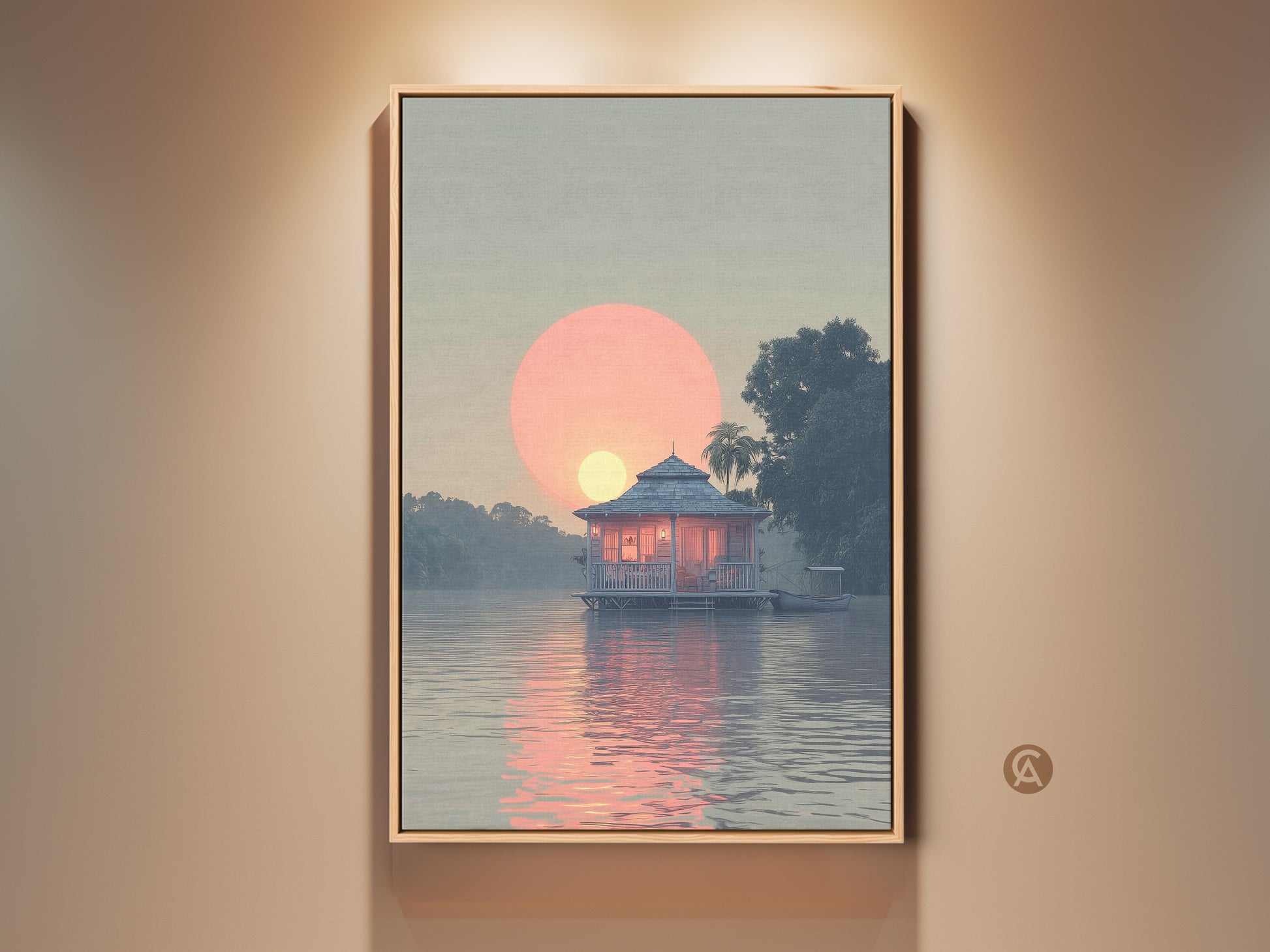 Bungalow Sunset Canvas Art Print. A coastal lake house art featuring a peach and blue tropical landscape. This serene waterfront bungalow painting shows a sunset over water. This travel lover gift adds tranquility to any room.