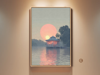 Bungalow Sunset Canvas Art Print. A coastal lake house art featuring a peach and blue tropical landscape. This serene waterfront bungalow painting shows a sunset over water. This travel lover gift adds tranquility to any room.