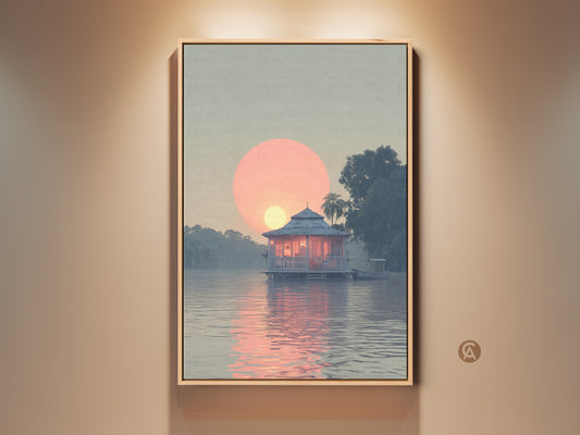 Bungalow Sunset Canvas Art Print. A coastal lake house art featuring a peach and blue tropical landscape. This serene waterfront bungalow painting shows a sunset over water. This travel lover gift adds tranquility to any room.