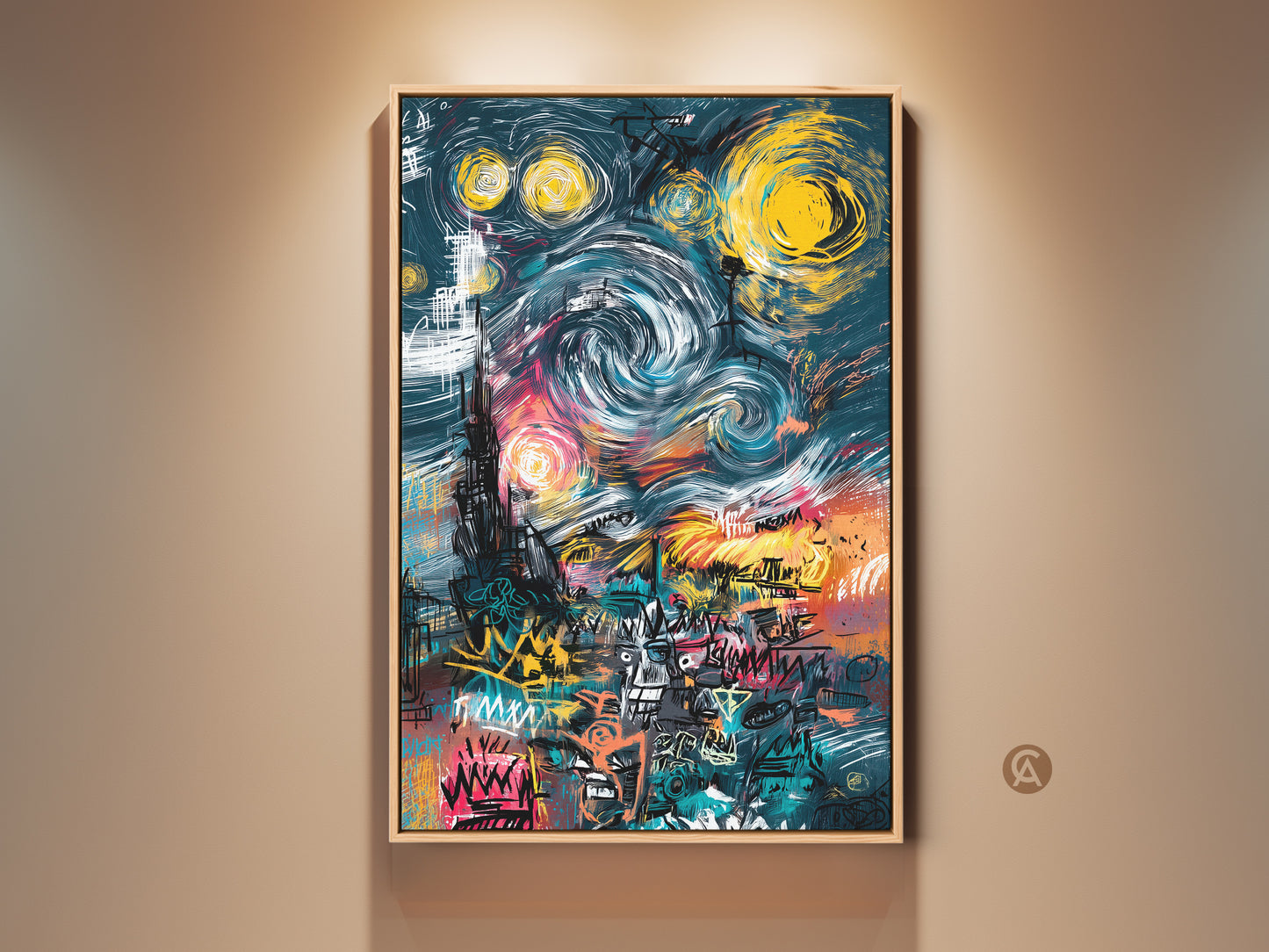 Framed Graffiti Style Starry Night Artwork. The artwork is displayed in a wooden frame. This artwork is a modern take on a classic painting. The artwork is colorful and vibrant. Perfect wall decor to add an artful touch.