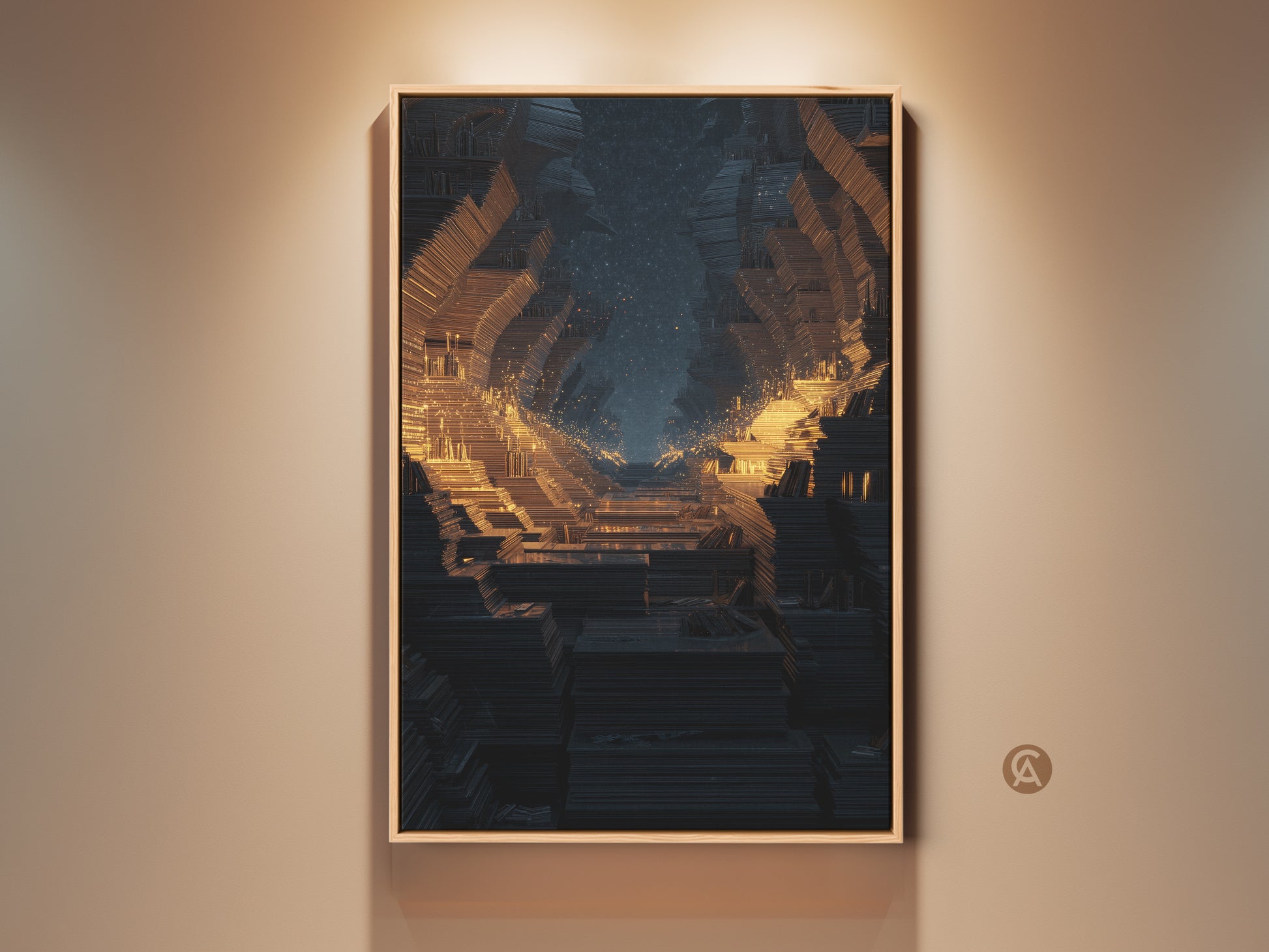 Framed gold orange abstract art print on a beige wall. The futuristic fractal tunnel wall art adds a touch of cosmic wonder. Perfect dark blue geometric sci-fi canvas decor for contemporary spaces.