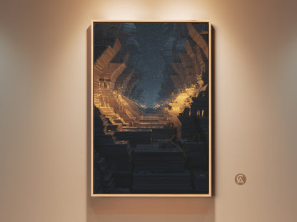 Framed gold orange abstract art print on a beige wall. The futuristic fractal tunnel wall art adds a touch of cosmic wonder. Perfect dark blue geometric sci-fi canvas decor for contemporary spaces.