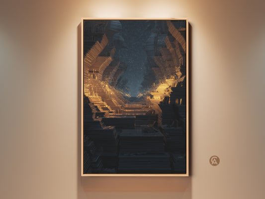 Framed gold orange abstract art print on a beige wall. The futuristic fractal tunnel wall art adds a touch of cosmic wonder. Perfect dark blue geometric sci-fi canvas decor for contemporary spaces.