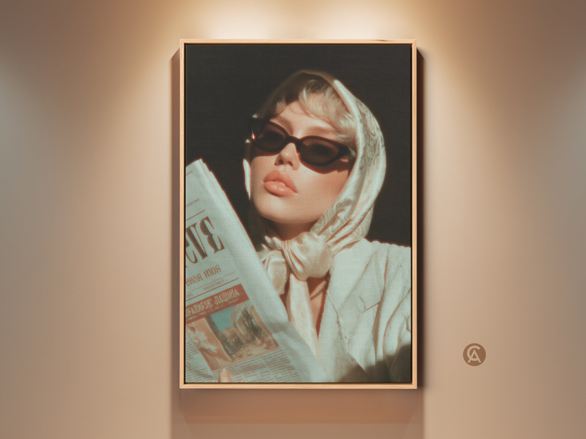 Cream Beige Retro Glamour Fashion Portrait Canvas Print. A woman in sunglasses and silk scarf reads a newspaper. This eclectic home decor art adds vintage charm. It's perfect as wall art for fashion lovers. A chic and aesthetic home accessory.