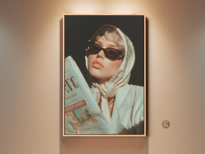 Cream Beige Retro Glamour Fashion Portrait Canvas Print. A woman in sunglasses and silk scarf reads a newspaper. This eclectic home decor art adds vintage charm. It's perfect as wall art for fashion lovers. A chic and aesthetic home accessory.