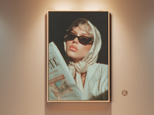 Cream Beige Retro Glamour Fashion Portrait Canvas Print. A woman in sunglasses and silk scarf reads a newspaper. This eclectic home decor art adds vintage charm. It's perfect as wall art for fashion lovers. A chic and aesthetic home accessory.