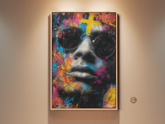 Eye-catching artwork of a face with sunglasses. This wall art features vibrant colors and a unique style. Perfect as a statement piece this art is sure to impress. The artwork is framed in a natural wooden color frame.