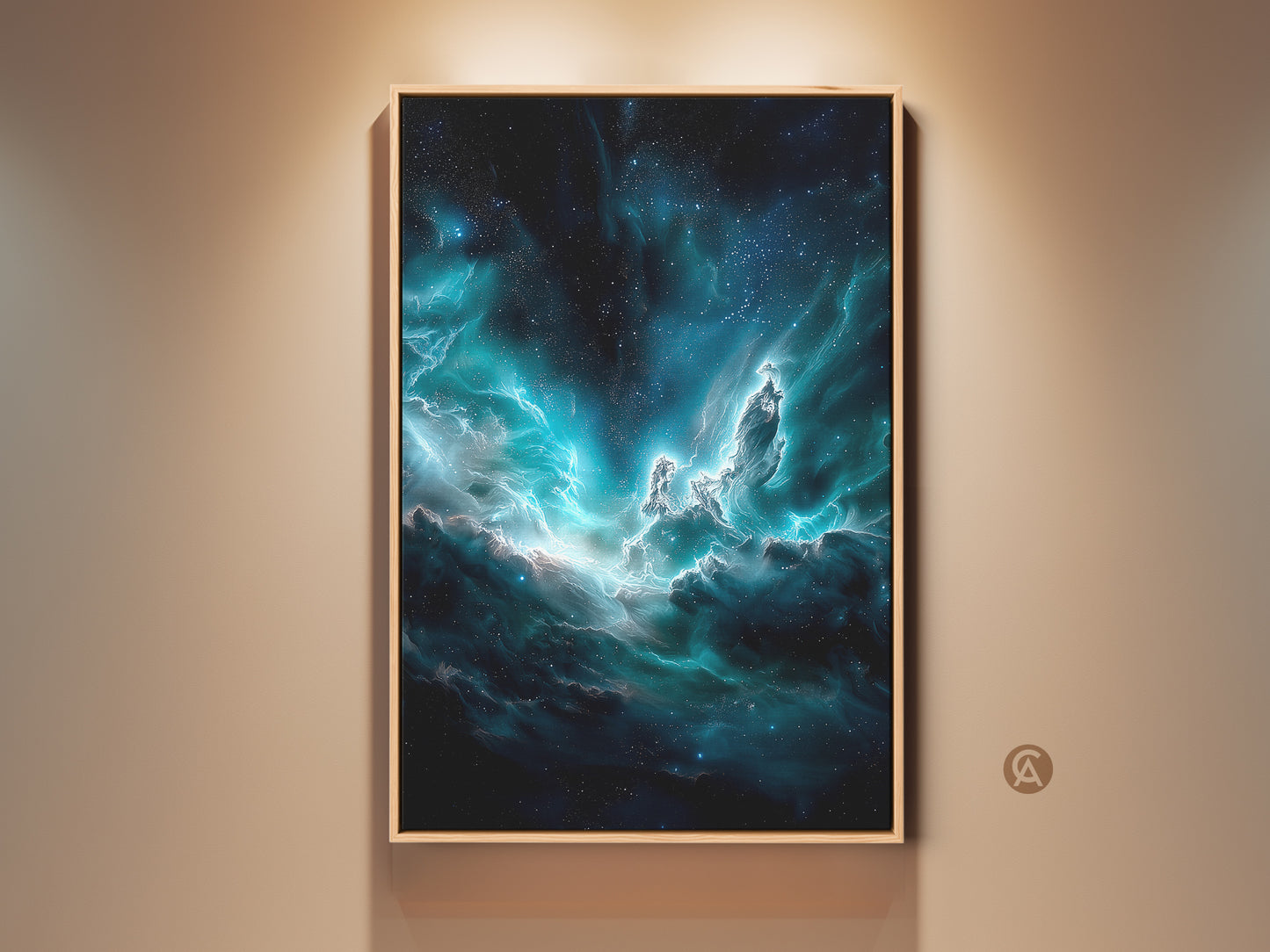 A framed deep blue nebula canvas artwork hangs on a beige wall. The contemporary space art features cosmic dust and teal galaxy elements. The artwork provides surreal home decor for stargazers and sci-fi enthusiasts. The frame is oak