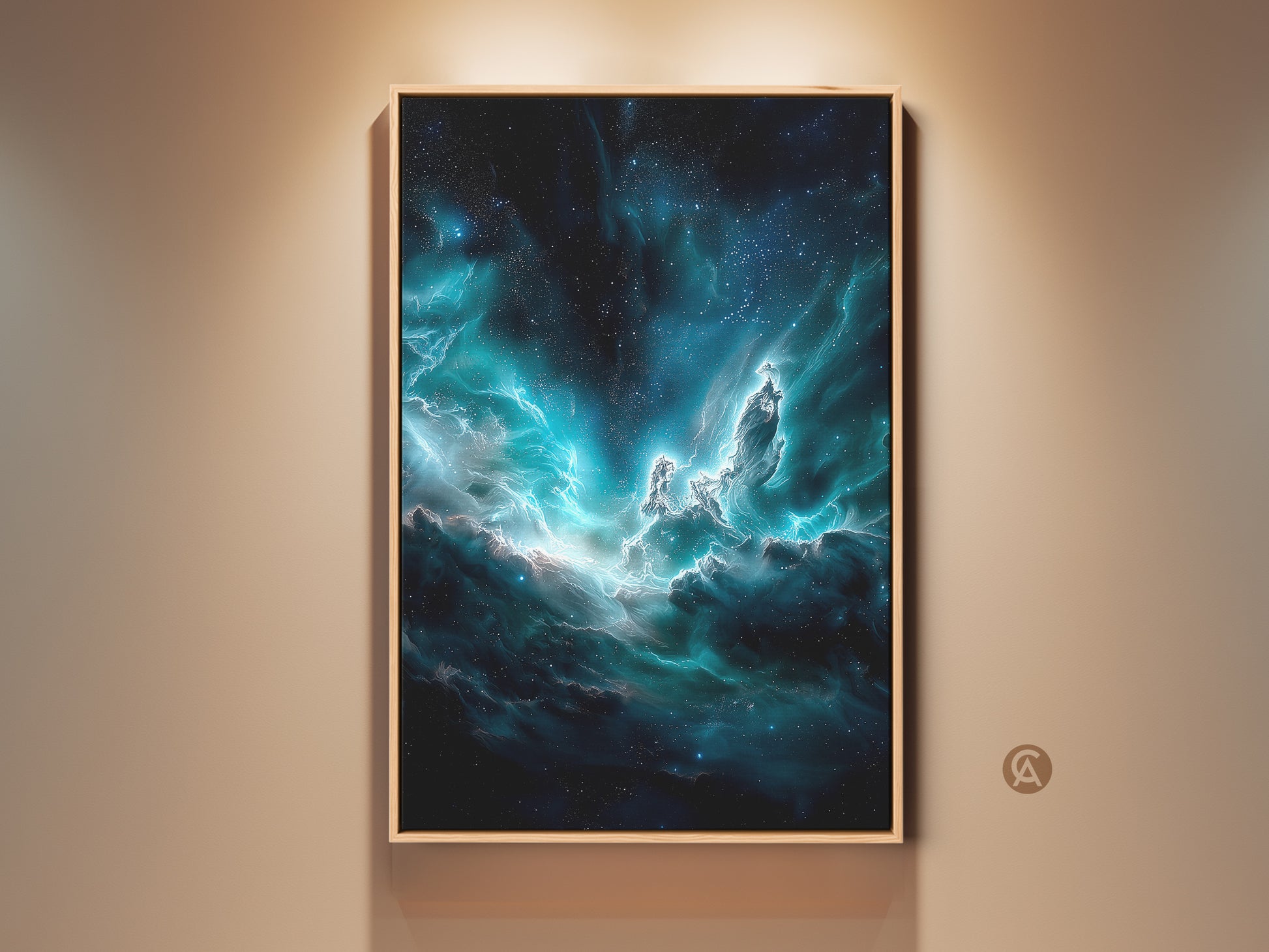 A framed deep blue nebula canvas artwork hangs on a beige wall. The contemporary space art features cosmic dust and teal galaxy elements. The artwork provides surreal home decor for stargazers and sci-fi enthusiasts. The frame is oak