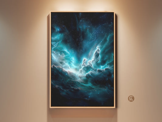 A framed deep blue nebula canvas artwork hangs on a beige wall. The contemporary space art features cosmic dust and teal galaxy elements. The artwork provides surreal home decor for stargazers and sci-fi enthusiasts. The frame is oak