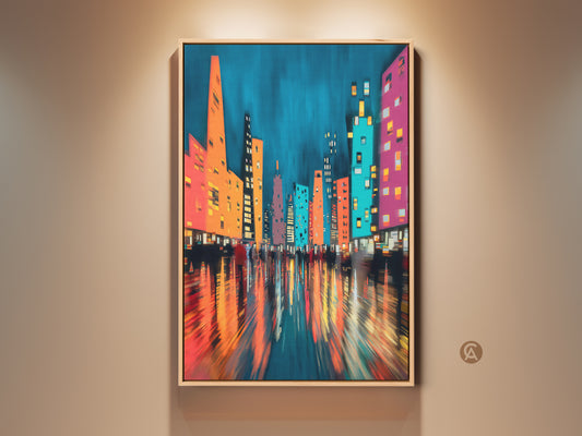 Modern abstract cityscape artwork on canvas. Features teal blue hues with orange and pink accents. Ideal contemporary wall art for adding urban sophistication to living rooms or offices. This framed canvas print captures the energy of city nightlife and skyscraper reflections.