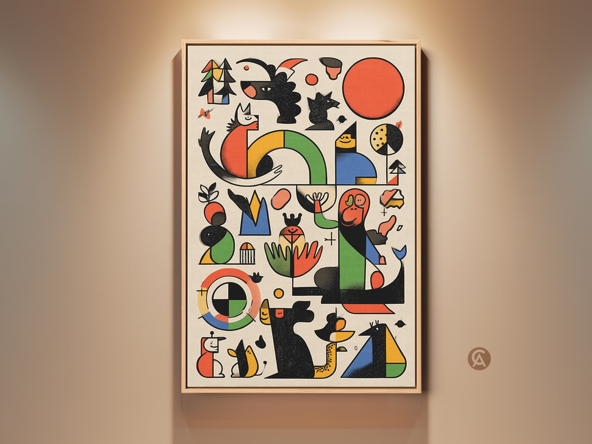 A vibrant Mid-Century Modern art print graces a wall. This abstract geometric canvas features playful dog and bird motifs. The red orange and green palette adds retro charm. Perfect housewarming gift art.