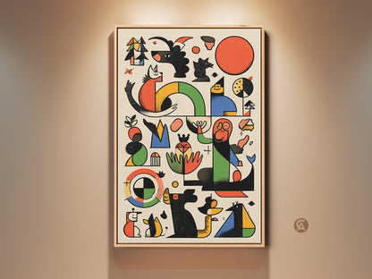 A vibrant Mid-Century Modern art print graces a wall. This abstract geometric canvas features playful dog and bird motifs. The red orange and green palette adds retro charm. Perfect housewarming gift art.