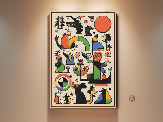 A vibrant Mid-Century Modern art print graces a wall. This abstract geometric canvas features playful dog and bird motifs. The red orange and green palette adds retro charm. Perfect housewarming gift art.