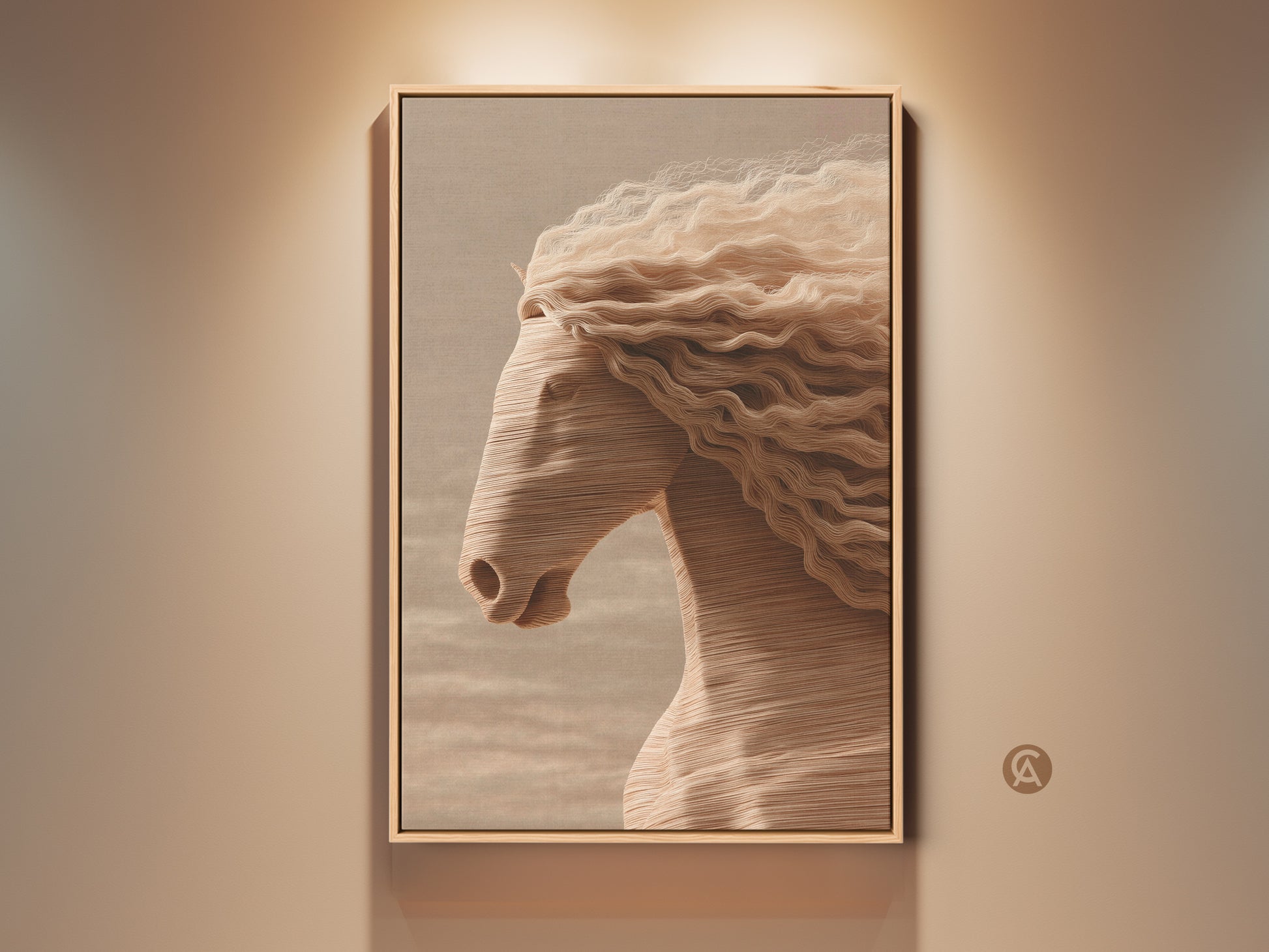 Close-up of a framed minimalist horse art print. The cream tan and beige tones create a calming effect. This textured horse artwork adds a touch of equestrian charm to any room. Perfect as a gift for horse lovers or a stylish addition to minimalist decor.