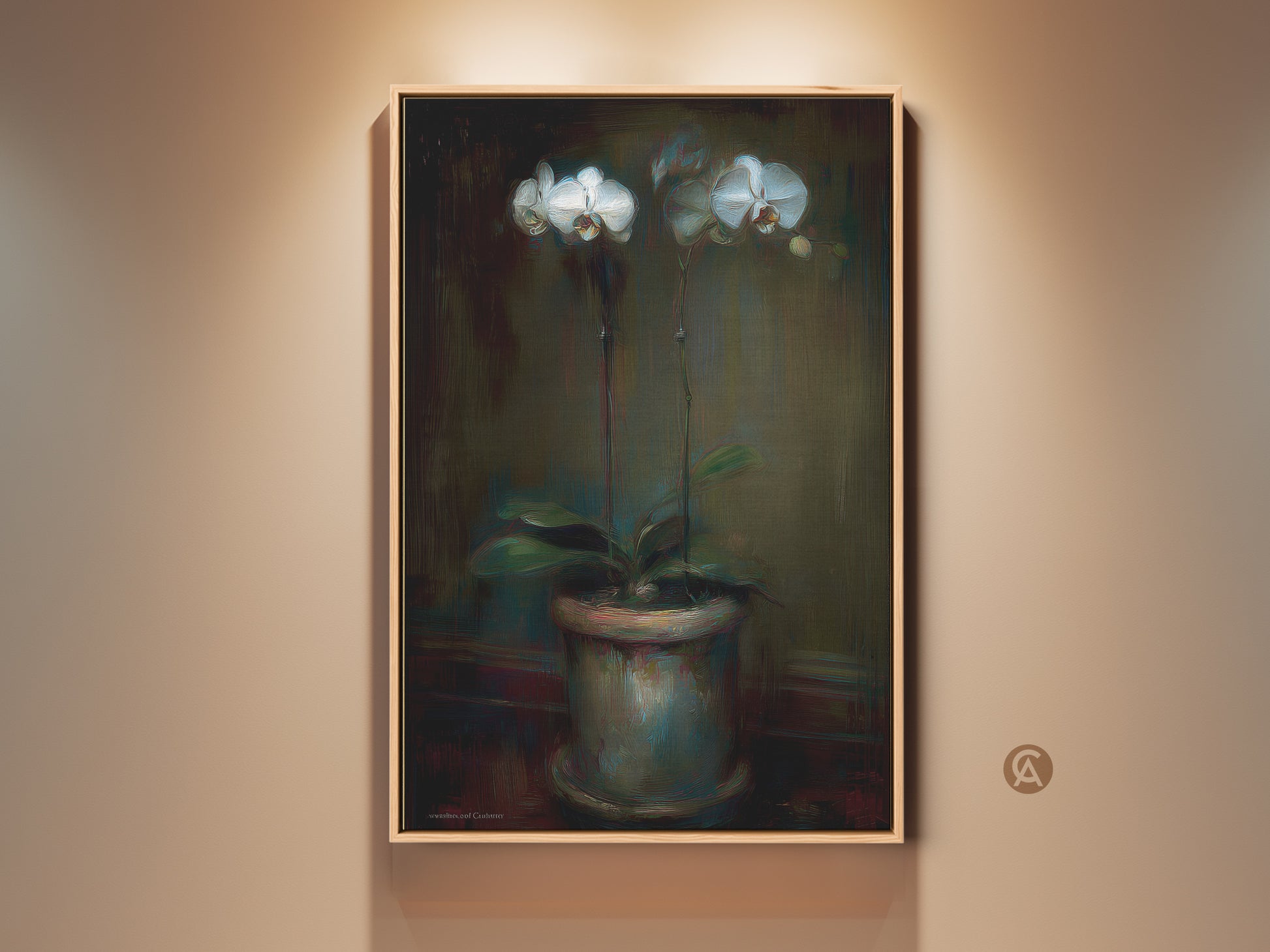 Emerald Green Orchid art print displayed in a room setting. This painterly floral canvas adds contemporary elegance. Perfect bedroom wall art for plant & art lovers. The rich colors enhance home decor. It’s a sophisticated botanical accent.