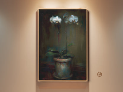 Emerald Green Orchid art print displayed in a room setting. This painterly floral canvas adds contemporary elegance. Perfect bedroom wall art for plant & art lovers. The rich colors enhance home decor. It’s a sophisticated botanical accent.