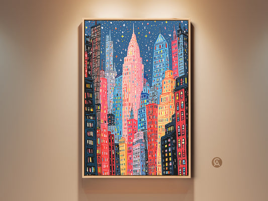Brighten your space with this vibrant city skyline art. The artwork features colorful buildings under a starry sky. This framed print adds a touch of modern urban style to any room. Perfect for art lovers seeking unique wall decor.