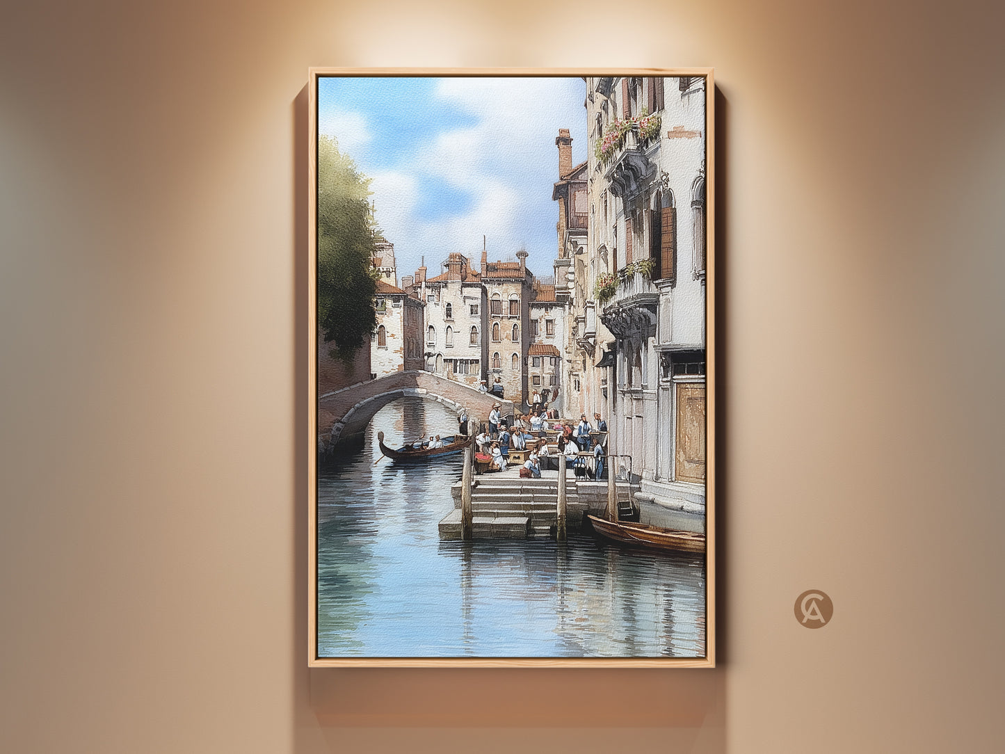 Charming Venice canal artwork featuring a gondola boat. This traditional Italian cityscape is rendered in realistic impressionistic style. The artwork has blue and beige hues with teal accents. Perfect as a housewarming gift this Italian architecture art will elevate your living space or entry hall with European elegance.
