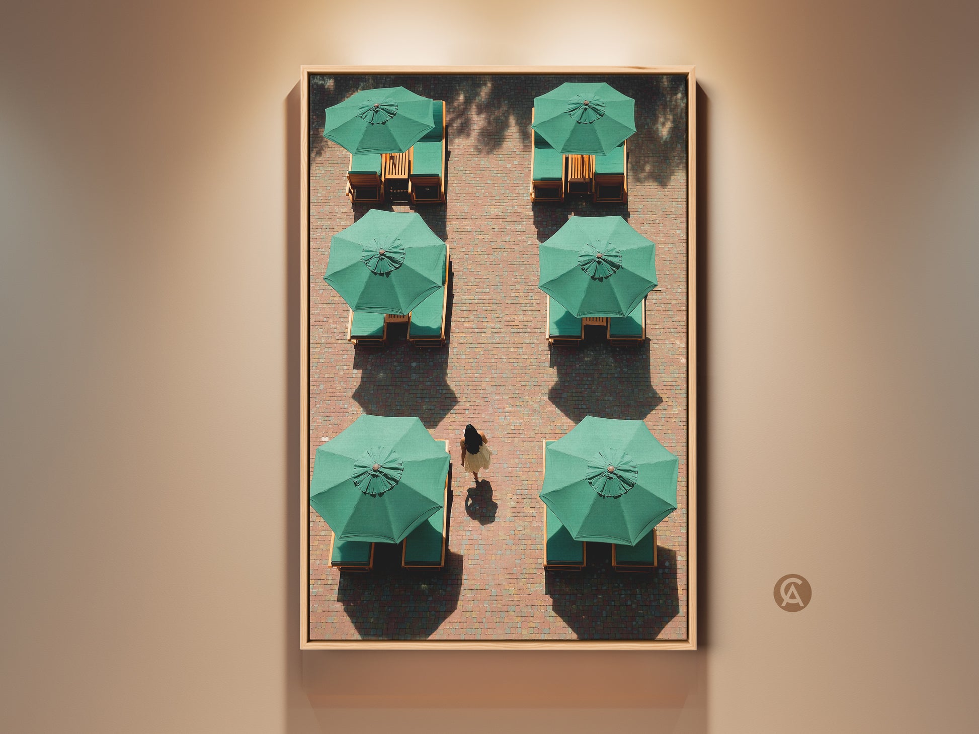 Contemporary minimalist art print featuring green umbrellas. This travel lifestyle canvas wall art adds a modern touch to any entry hall. It makes a unique housewarming gift. The artwork has a relaxed sophistication to a minimalist interior.