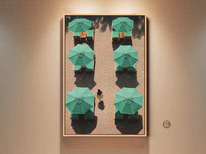 Contemporary minimalist art print featuring green umbrellas. This travel lifestyle canvas wall art adds a modern touch to any entry hall. It makes a unique housewarming gift. The artwork has a relaxed sophistication to a minimalist interior.