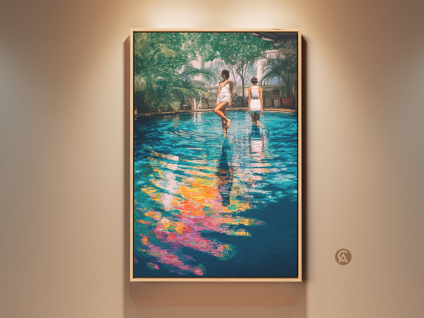 Teal yellow and blue poolside women wall artwork brings a contemporary beach scene. This canvas print offers a leisure vibe with water reflection art. Ideal housewarming gift for her bedroom or living room decor.