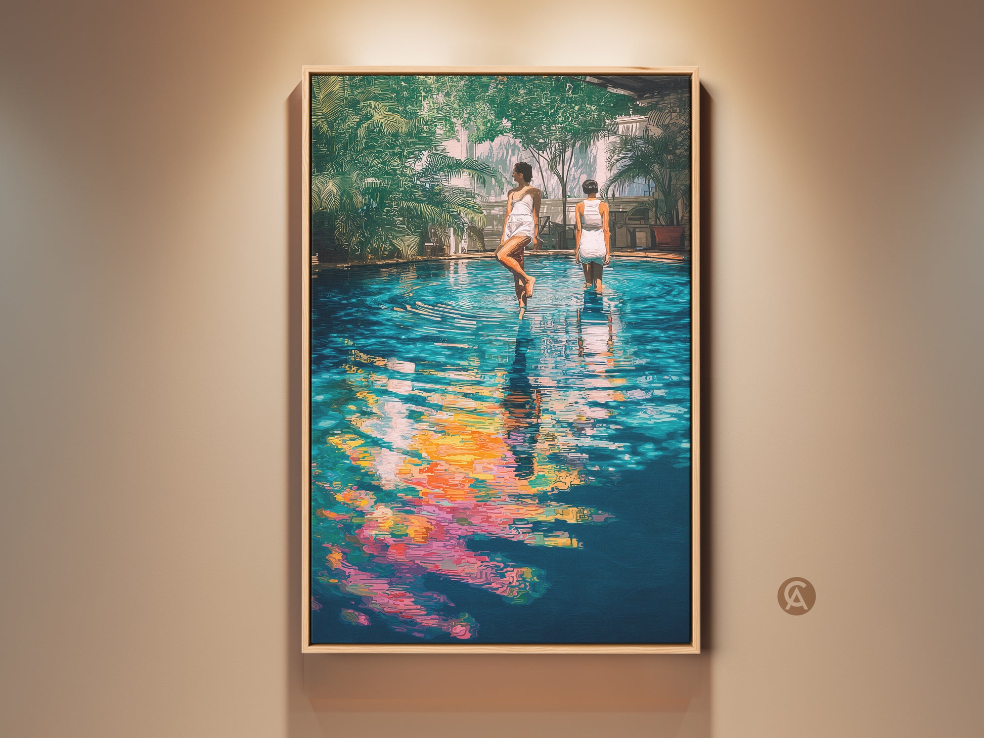 Teal yellow and blue poolside women wall artwork brings a contemporary beach scene. This canvas print offers a leisure vibe with water reflection art. Ideal housewarming gift for her bedroom or living room decor.