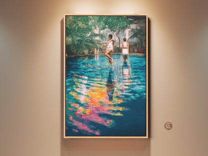 Teal yellow and blue poolside women wall artwork brings a contemporary beach scene. This canvas print offers a leisure vibe with water reflection art. Ideal housewarming gift for her bedroom or living room decor.