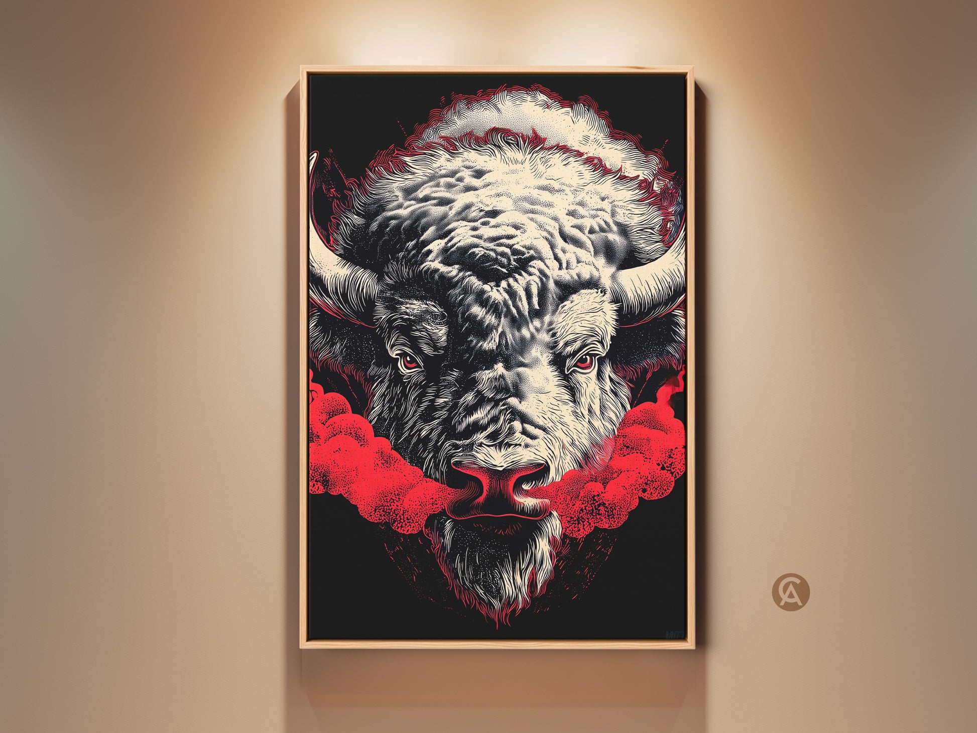 Stunning buffalo artwork in a modern living room setting. The buffalo art features a black background with striking red accents. This framed canvas enhances any home decor. Perfect for art collectors and animal lovers. Buy this museum-quality piece today.