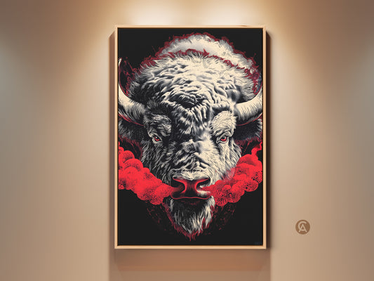 Stunning buffalo artwork in a modern living room setting. The buffalo art features a black background with striking red accents. This framed canvas enhances any home decor. Perfect for art collectors and animal lovers. Buy this museum-quality piece today.