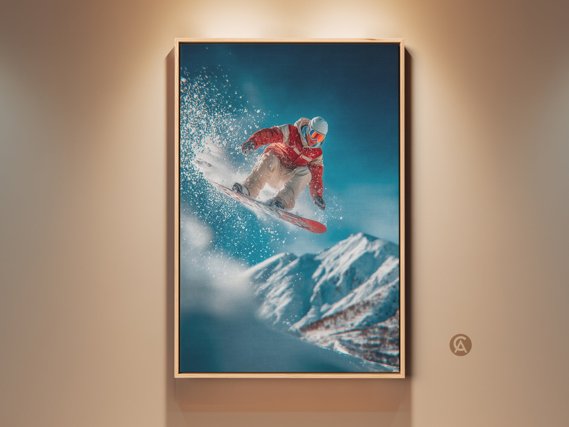 Framed snowboarder art jumps high above snowy mountains. This action shot artwork adds excitement to any room. Perfect for sports enthusiasts seeking wall decor. The wooden frame enhances the vivid colors of the canvas art.