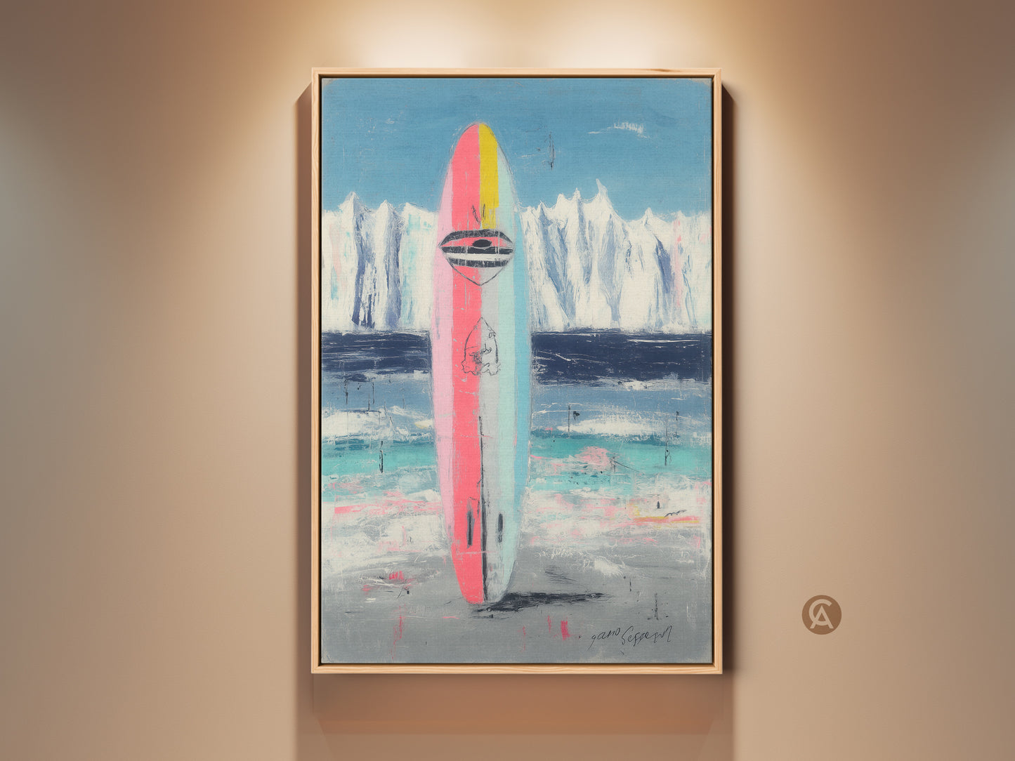 Framed abstract surfboard artwork. This coastal art features pink blue and teal hues. Ideal beach house decor or a summer solstice gift. Perfect surfer wall decor.