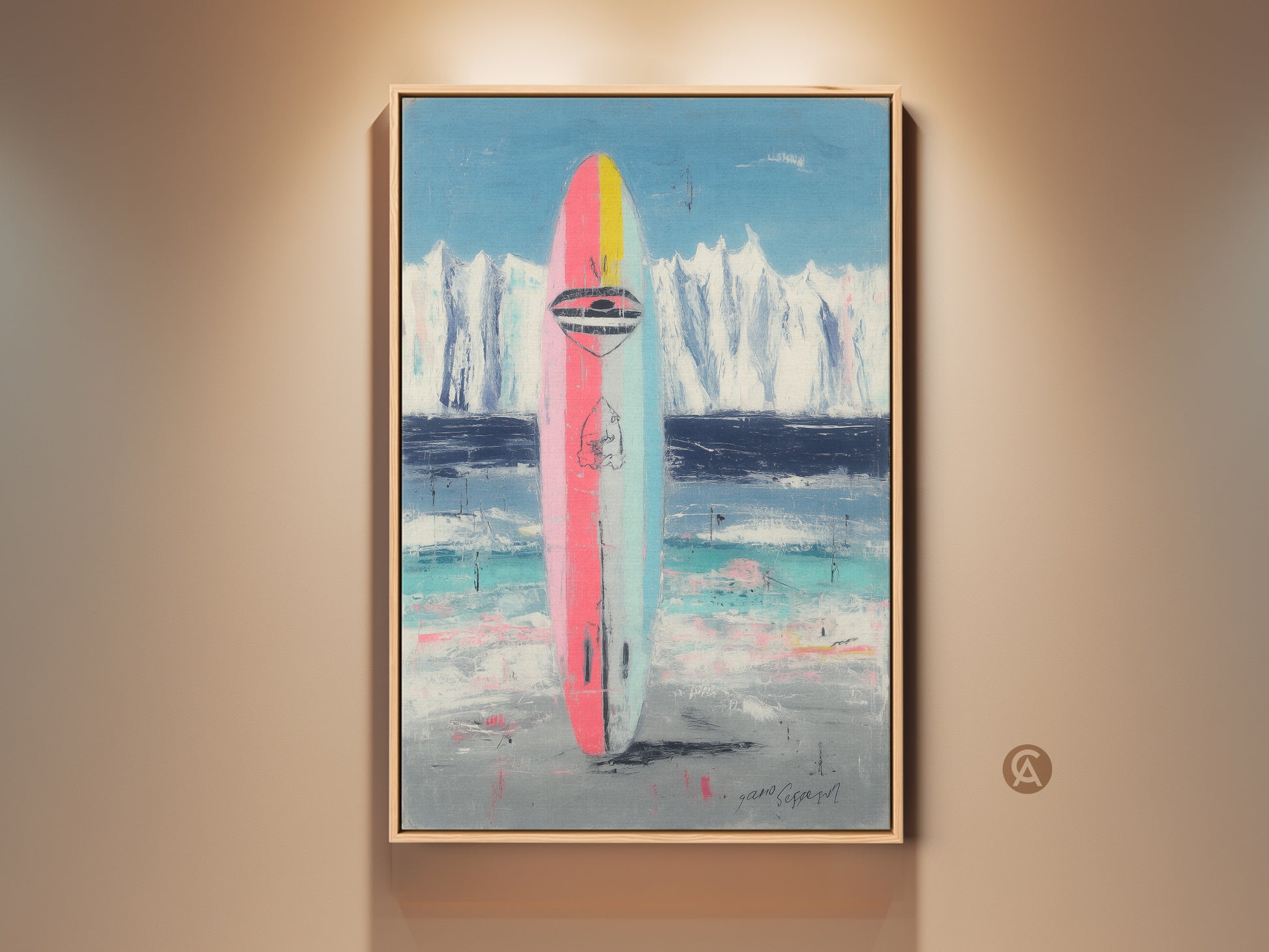 Framed abstract surfboard artwork. This coastal art features pink blue and teal hues. Ideal beach house decor or a summer solstice gift. Perfect surfer wall decor.