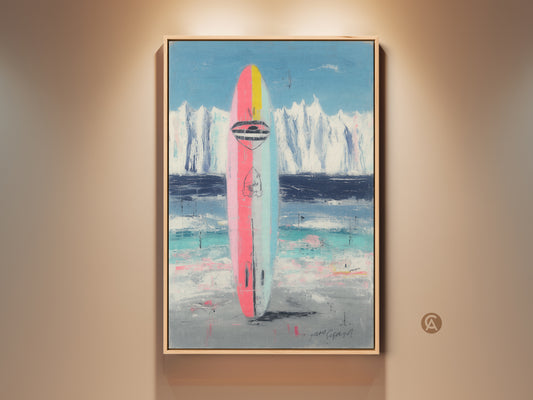 Framed abstract surfboard artwork. This coastal art features pink blue and teal hues. Ideal beach house decor or a summer solstice gift. Perfect surfer wall decor.