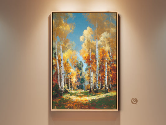 Framed artwork of a birch tree forest in autumn. The art features golden leaves and a path. This wall decor adds nature to any room. Buy this fine art piece now