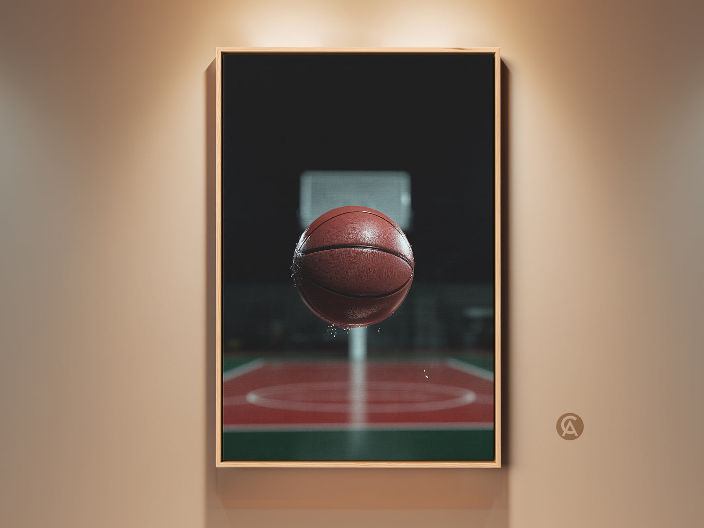 Photorealistic basketball art on a wall. It is displayed with warm lighting. This sports action canvas features a suspended basketball. The artwork brings a modern vibe to any man cave or office. It makes a great gift for basketball enthusiasts.