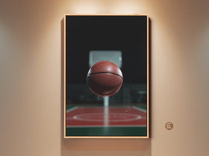 Photorealistic basketball art on a wall. It is displayed with warm lighting. This sports action canvas features a suspended basketball. The artwork brings a modern vibe to any man cave or office. It makes a great gift for basketball enthusiasts.