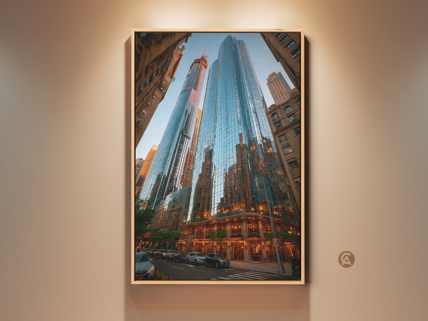 A blue cityscape art print of modern urban architecture. The contemporary skyscraper canvas adds sophistication to office art. The warm tones complement interior designs. This is a perfect gift for travel lovers. It enhances any space with metropolitan artwork.