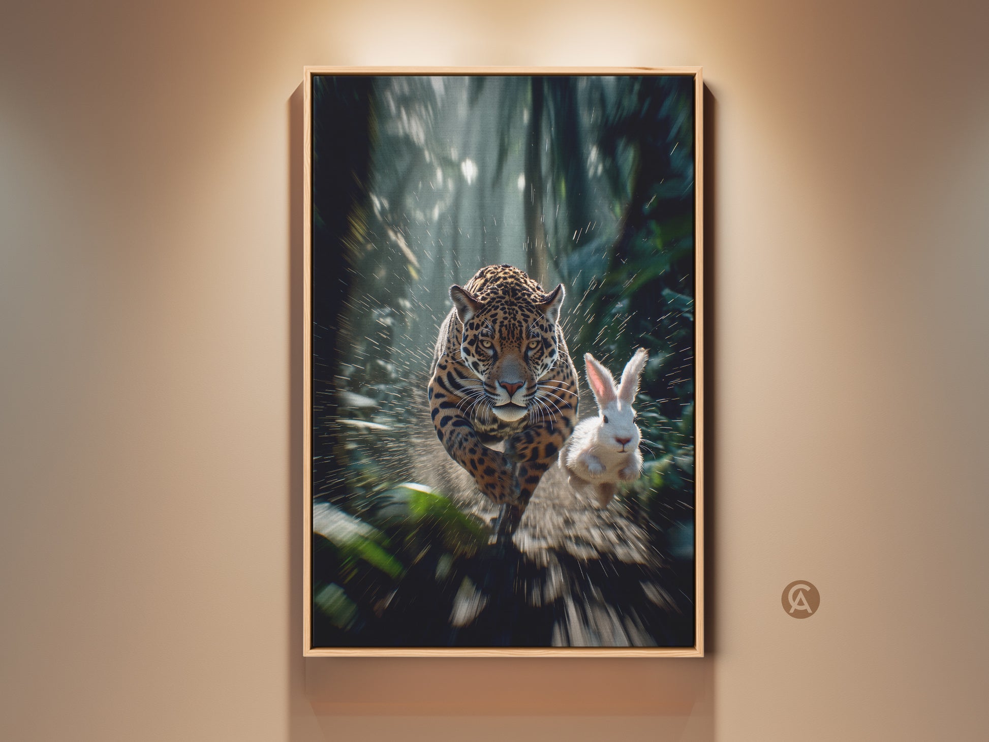 Experience the thrill of the jungle with this motion blur jaguar and rabbit artwork. This contemporary wildlife canvas brings a dynamic chase scene to your bedroom. It makes a unique gift for any animal enthusiast. The intense energy and rich colors add a captivating element to your home decor.