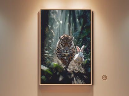 Experience the thrill of the jungle with this motion blur jaguar and rabbit artwork. This contemporary wildlife canvas brings a dynamic chase scene to your bedroom. It makes a unique gift for any animal enthusiast. The intense energy and rich colors add a captivating element to your home decor.