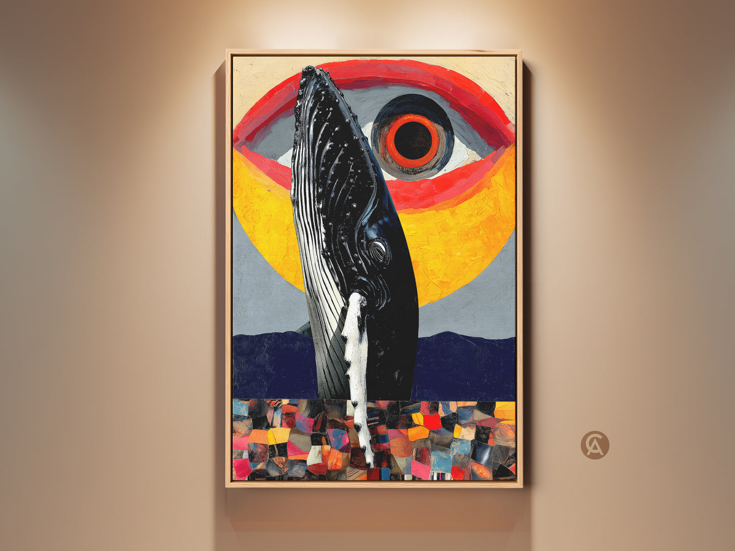Surreal whale eye art print featuring an abstract collage. This ocean decor blends yellow red and gray tones on canvas. A perfect eclectic wall art gift for an office or living space. The artwork combines marine themes with bold colors adding a modern artistic touch to any room. High-quality canvas print for a standout art piece.