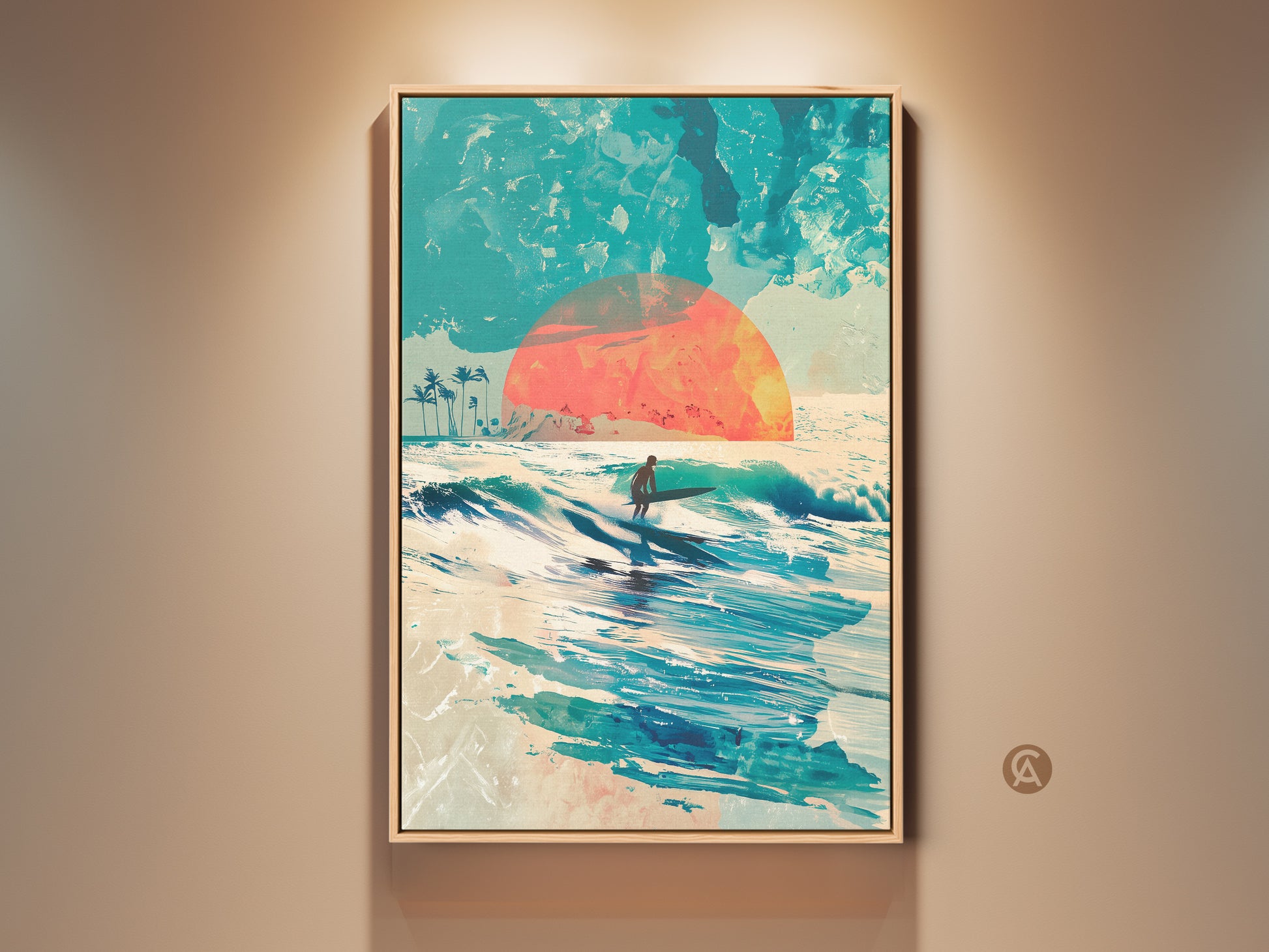 Experience the thrill of the surf with this captivating framed art. A lone surfer rides a wave under a setting sun. Palm trees silhouette against a textured sky. This artwork brings a touch of coastal calm to any room. A beautiful framed canvas for surf lovers.