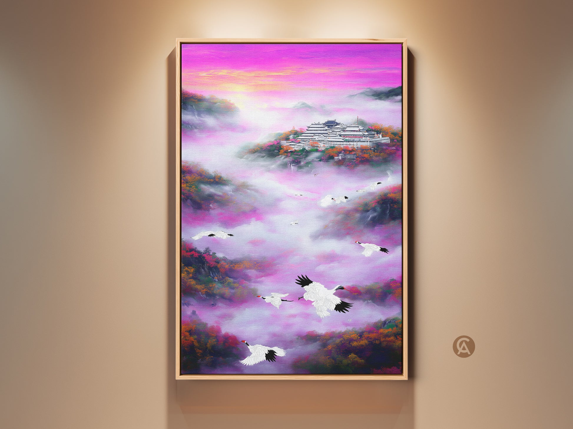 Framed Crane and Pagoda Art Print. This canvas features an Asian landscape. The pagoda is nestled among pink mist mountains. Cranes fly through the vibrant fuchsia and purple scenery. A serene and spiritual touch for eclectic home decor. Ideal for meditation rooms or as a unique housewarming gift.