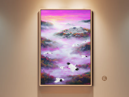 Framed Crane and Pagoda Art Print. This canvas features an Asian landscape. The pagoda is nestled among pink mist mountains. Cranes fly through the vibrant fuchsia and purple scenery. A serene and spiritual touch for eclectic home decor. Ideal for meditation rooms or as a unique housewarming gift.